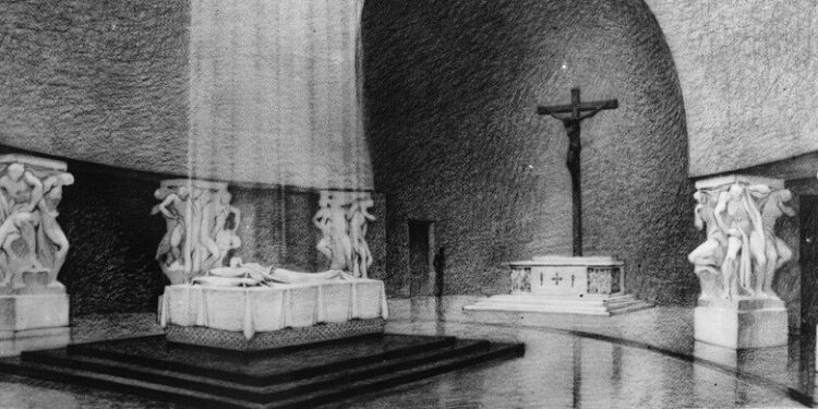 Así luciría hoy la cripta de Eva Perón, bajo la obra monumental en homenaje al trabajador argentino que empezó a construirse en los 50 en Figueroa Alcorta y Austria (crédito imagen: Sammartino Ediciones)