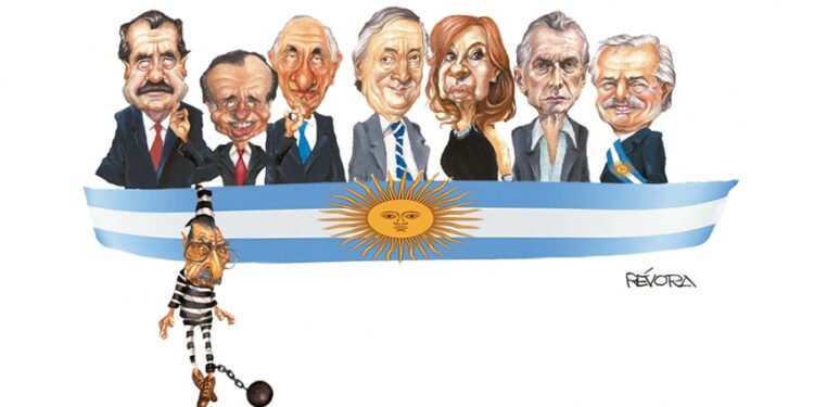 Los presidentes de la democracia y el dictador presos (Ilustaración Osvaldo Rébora)