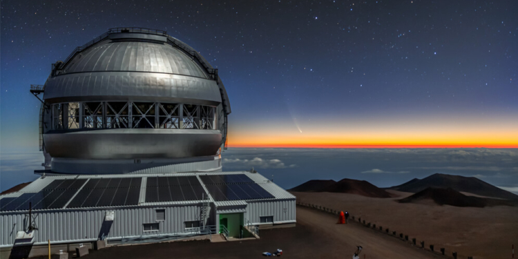 Imagen del Telescopio Gemini norte en Hawaii con el que se obtuvieron las observaciones. Crédito Observatorio Gemini NOIRLabNSFAURAJ. Pollard.