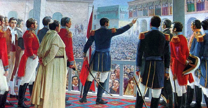 San Martín proclamando la Independencia del Perú frente a la multitud reunida en la Plaza de Armas de Lima (óleo de Juan Lepiani, en el Museo Nacional de Arqueología, Antropología e Historia del Perú)