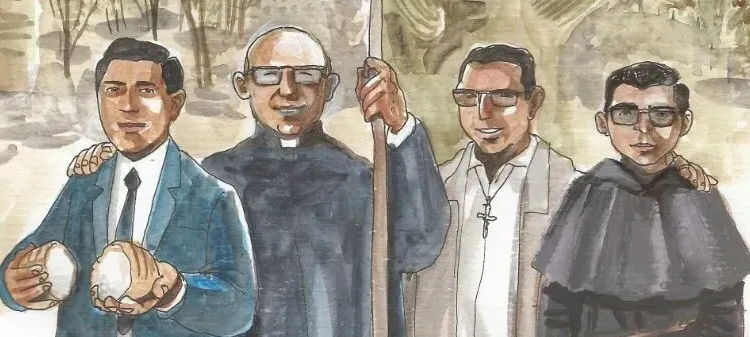 El laico y activista católico Wenceslao Pedernera; el obispo de La Rioja Enrique Angelelli; el sacerdote Gabriel Longueville, y el fraile franciscano Carlos de Dios Murias. Fueron asesinados por la dictadura a causa de su Fe entre el 18 de julio y el 4 de agosto de 1976 (Crédito imagen: Diócesis de La Rioja)