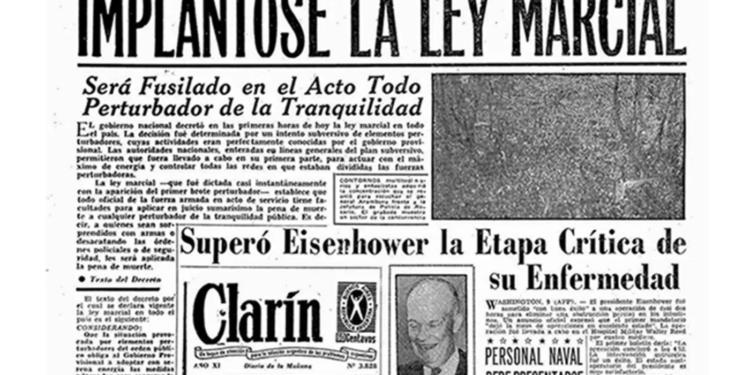 Tapa del diario Clarín del 10 de junio de 1956 (un día después de la masacre de José León Suárez, un día antes de la ejecución de Corgorno en el Regimiento 7 y 48 horas antes del fusilamiento de Juan José Valle), donde decía, en plena dictadura: "Será fusilado en el acto todo perturbador de la tranquilidad"